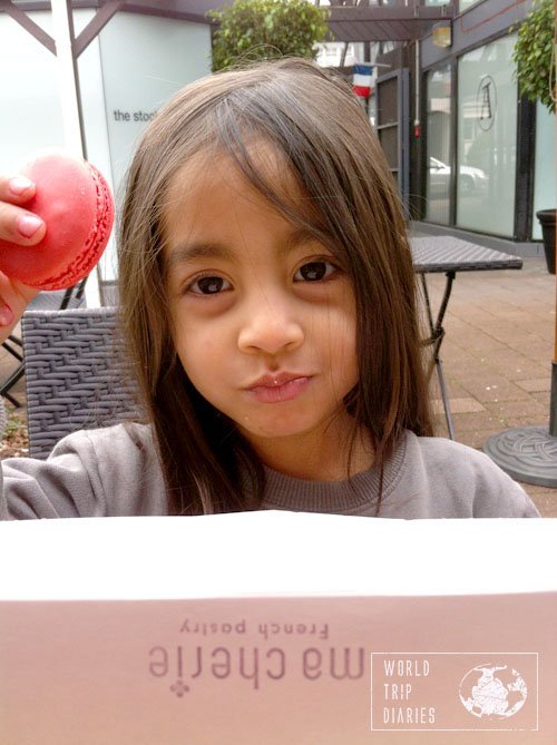 Coral with her little box of macarons